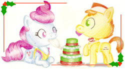 Size: 600x332 | Tagged: safe, artist:flutterluv, carrot cake, cup cake, cake, christmas, holly, traditional art