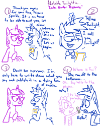 Size: 1280x1611 | Tagged: safe, artist:adorkabletwilightandfriends, derpibooru import, spike, twilight sparkle, twilight sparkle (alicorn), oc, oc:greg, alicorn, dragon, pony, comic:adorkable twilight and friends, :t, adorkable twilight, comic, interview, lineart, nervous, slice of life, sweat