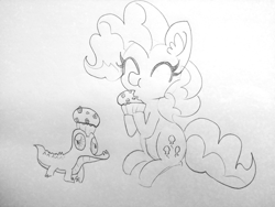 Size: 1920x1440 | Tagged: safe, artist:tjpones, gummy, pinkie pie, alligator, earth pony, pony, black and white, cupcake, duo, eating, eyes closed, female, food, grayscale, lineart, mare, monochrome, sitting, traditional art