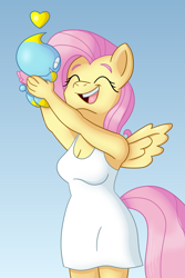 Size: 3495x5243 | Tagged: safe, artist:sergeant16bit, fluttershy, anthro, breasts, chao, clothes, crossover, cute, dress, shyabetes, sonic the hedgehog (series)