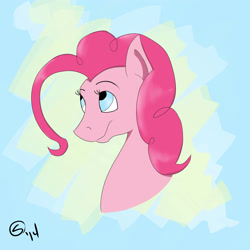 Size: 4000x4000 | Tagged: safe, artist:sydfreak2, pinkie pie, pony, abstract background, bust, female, looking up, mare, solo