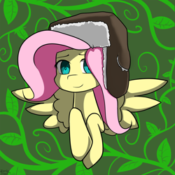 Size: 1280x1280 | Tagged: safe, artist:genericmlp, fluttershy, pegasus, pony, bust, female, hat, looking at you, mare, portrait, smiling, solo, ushanka, wings