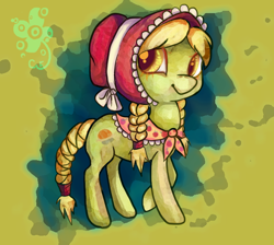 Size: 684x614 | Tagged: safe, artist:caramelflower, granny smith, earth pony, pony, abstract background, adorasmith, bonnet, braid, braided tail, cute, female, filly, solo, young