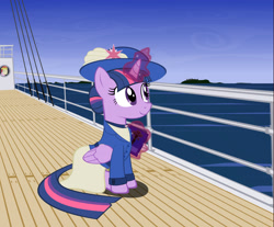 Size: 3377x2791 | Tagged: safe, artist:gennadykalugina, derpibooru import, fluttershy, twilight sparkle, twilight sparkle (alicorn), alicorn, pegasus, pony, alternate hairstyle, boat, female, folded wings, glowing horn, hair bun, hat, horn, magic, mare, solo, sun hat, telekinesis, vector