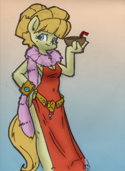 Size: 744x1024 | Tagged: safe, artist:atryl, artist:muh-arts, aunt orange, anthro, earth pony, clothes, dress, drink, female, gradient background, hand on hip, looking at you, mare, red dress, side slit, smiling, smiling at you, solo, total sideslit