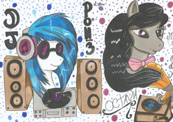 Size: 1063x752 | Tagged: safe, artist:breakneckviolet, dj pon-3, octavia melody, vinyl scratch, earth pony, pony, alternate hairstyle, bowtie, headphones, record player, subwoofer, turntable