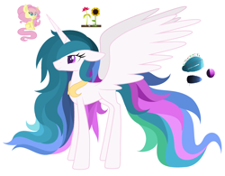 Size: 2644x2060 | Tagged: safe, artist:angiepeggy2114, fluttershy, princess celestia, alicorn, pegasus, pony, alternate hairstyle, eye clipping through hair, female, flower, mare, sunflower