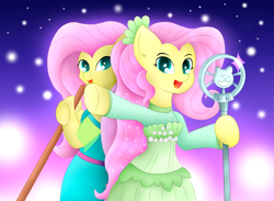 Size: 1500x1100 | Tagged: safe, artist:berryveloce, artist:link1103, fluttershy, pegasus, pony, collaboration, better together, so much more to me, broom, clothes, dress, equestria girls ponified, microphone, open mouth, ponified, scene interpretation, singing