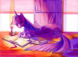 Size: 1200x886 | Tagged: safe, artist:fleebites, derpibooru import, twilight sparkle, pony, unicorn, book, candle, female, mare, marker drawing, prone, reading, solo, traditional art