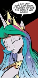 Size: 267x549 | Tagged: safe, artist:andypriceart, idw, princess celestia, alicorn, pony, reflections, spoiler:comic, comic, cute, cutelestia, dialogue, eyes closed, female, lip bite, mare, solo, speech bubble