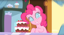 Size: 1666x909 | Tagged: safe, screencap, pinkie pie, earth pony, pony, grannies gone wild, cake, food, lip bite, swirly eyes, wingding eyes