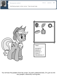 Size: 600x800 | Tagged: safe, artist:dekomaru, applejack, earth pony, pony, absolutely nothing else, apple, applejack's hat, applestuck, ask, cowboy hat, food, grayscale, hair ribbon, hat, inventory, monochrome, pumpkin, ring, tumblr, tumblr:ask twixie