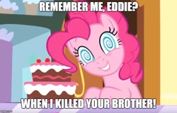 Size: 780x499 | Tagged: safe, edit, edited screencap, screencap, pinkie pie, earth pony, pony, grannies gone wild, cake, food, judge doom, lip bite, looking at you, solo, who framed roger rabbit, wingding eyes