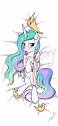 Size: 1584x3405 | Tagged: safe, artist:mercurysparkle, princess celestia, alicorn, pony, bed, blushing, crown, female, jewelry, looking at you, mare, obtrusive watermark, on back, regalia, solo, watermark