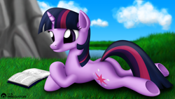 Size: 1920x1080 | Tagged: safe, artist:tsaritsaluna, derpibooru import, twilight sparkle, book, solo