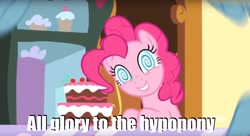 Size: 1280x698 | Tagged: safe, edit, edited screencap, screencap, pinkie pie, earth pony, pony, grannies gone wild, cake, food, hypnotoad, solo, swirly eyes, wingding eyes