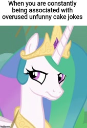 Size: 500x735 | Tagged: safe, edit, edited screencap, screencap, princess celestia, alicorn, pony, annoyed, cake, cakelestia, celestia is not amused, cropped, episode needed, food, meme, solo, unamused