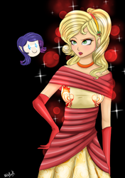 Size: 1024x1453 | Tagged: safe, artist:mdeltar, applejack, rarity, human, alternate hairstyle, and then there's rarity, applejack also dresses in style, applejack is not amused, blushing, chibi, clothes, dress, elf ears, fancy, feminization, flower, happy, humanized, lipstick, makeup, rose, sparkles, unamused