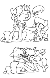 Size: 649x1000 | Tagged: safe, artist:nobody, lily longsocks, oc, oc:marker pony, earth pony, pony, unicorn, background pony, boop, chest fluff, comic, earth pony master race, eyes closed, female, filly, fluffy, frown, happy, mare, monochrome, open mouth, ouch, punch, simple background, sitting, sketch, smiling, strong, super strength, this ended in pain, this ended in tears, white background, who needs a face anyways, wide eyes