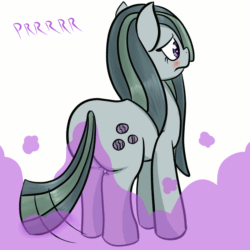 Size: 800x800 | Tagged: safe, artist:happydeadpony, marble pie, earth pony, pony, animated, blushing, butt, cute, embarrassed, fart, fart noise, female, gas, gif, marblebetes, marblebutt, mare, onomatopoeia, plot, purple, simple background, solo, sound effects, tail, tail wag, white background