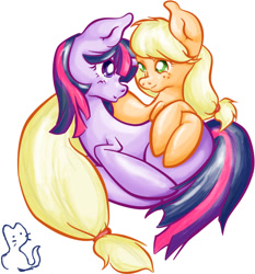 Size: 1023x1096 | Tagged: safe, artist:gatitonyaa, derpibooru import, applejack, twilight sparkle, earth pony, pony, female, lesbian, shipping, snuggling, twijack