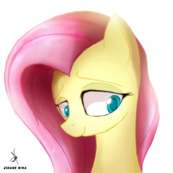 Size: 720x720 | Tagged: safe, artist:zidanemina, fluttershy, pegasus, pony, bust, female, lidded eyes, looking away, looking down, portrait, quickie, simple background, smiling, solo, white background