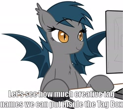 Size: 2380x2100 | Tagged: safe, oc, oc only, oc:speck, bat pony, pony, computer, image macro, meme, meta, solo