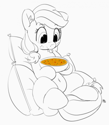 Size: 1280x1463 | Tagged: safe, artist:pabbley, applejack, earth pony, pony, 30 minute art challenge, belly button, cute, food, jackabetes, partial color, pillow, solo, soup, tongue out