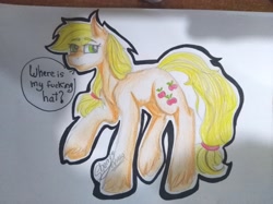Size: 4032x3016 | Tagged: safe, artist:shamy-crist, applejack, earth pony, pony, hatless, high res, missing accessory, solo, traditional art, vulgar