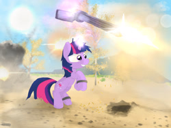 Size: 2048x1536 | Tagged: safe, artist:fuzzyfox11, derpibooru import, twilight sparkle, unicorn, accessories, explosion, female, gun, magic, mare, smiling, solo, tree, weapon