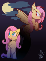 Size: 1071x1400 | Tagged: safe, artist:fuzon-s, fluttershy, bat pony, pegasus, pony, duality, female, flutterbat, full moon, mare, moon, night, open mouth, race swap, signature