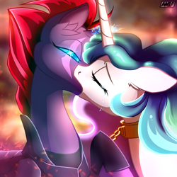 Size: 3500x3500 | Tagged: safe, artist:amiro, artist:candasaurus, princess celestia, tempest shadow, alicorn, pony, unicorn, my little pony: the movie, armor, bedroom eyes, bondage, broken horn, chains, collar, crying, eyes closed, female, femdom, femsub, floppy ears, forced, forced kiss, hoof hold, horn, horns are touching, kissing, leash, lesbian, mare, shipping, sparking horn, sublestia, submissive, tempestia