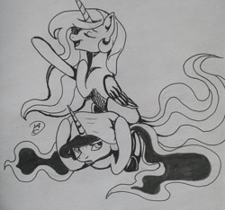 Size: 769x720 | Tagged: safe, artist:dreamyartcosplay, princess celestia, princess luna, alicorn, pony, annoyed, duo, eyes closed, female, inktober 2016, lineart, mare, monochrome, pillow, siblings, singing, traditional art