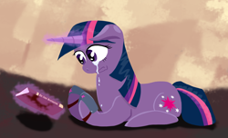 Size: 2560x1560 | Tagged: safe, artist:kalimdor89, derpibooru import, twilight sparkle, book, crying, magic, reading, solo