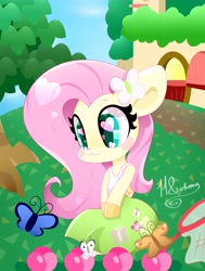 Size: 3092x4096 | Tagged: safe, artist:hungrysohma, fluttershy, butterfly, pegasus, pony, semi-anthro, :3, animal crossing, bipedal, blush sticker, blushing, chibi, clothes, crossover, cute, equestria girls outfit, female, heart eyes, mare, nintendo, shyabetes, skirt, smiling, solo, tree, wingding eyes