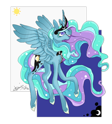 Size: 860x950 | Tagged: safe, artist:creeate97, princess celestia, princess luna, alicorn, pony, female, flying, fusion, mare, simple background, solo, white background