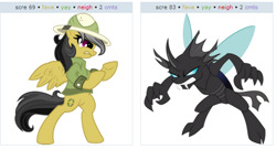 Size: 576x311 | Tagged: safe, artist:ambassad0r, daring do, changeling, pony, semi-anthro, bipedal, claws, derpibooru, exploitable meme, juxtaposition, juxtaposition win, meme, meta