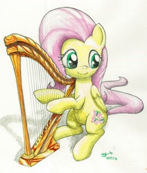 Size: 3270x3850 | Tagged: safe, artist:michiito, fluttershy, pegasus, pony, female, folded wings, harp, looking away, mare, musical instrument, sitting, smiling, solo, traditional art