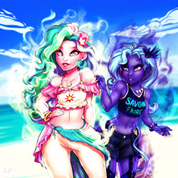 Size: 1600x1600 | Tagged: safe, artist:kp-shadowsquirrel, princess celestia, princess luna, human, beach, belly button, clothes, denim shorts, duo, elf ears, flower, flower in hair, humanized, jeans, jewelry, magic, magic aura, midriff, necklace, off-shoulder top, pants, pony coloring, royal sisters, shorts, sports bra