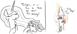 Size: 1198x533 | Tagged: safe, artist:jargon scott, princess celestia, twilight sparkle, unicorn twilight, alicorn, pony, unicorn, 2 panel comic, burning, comic, dialogue, didn't think this through, eyes closed, eyes on the prize, female, fire, hoof hold, lineart, mare, match, on fire, open mouth, partial color, simple background, smiling, starry eyes, this ended in fire, this will end in death, this will end in tears, this will end in tears and/or death, twiggie, white background, wingding eyes