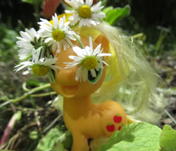 Size: 1800x1550 | Tagged: safe, artist:travelling-my-little-pony, applejack, pony, daisy (flower), floral head wreath, flower, flower in hair, garland, happy, irl, photo, photography, silly, silly pony, toy, who's a silly pony