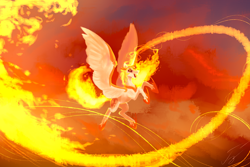 Size: 1800x1200 | Tagged: safe, artist:гусь, daybreaker, princess celestia, alicorn, pony, armor, female, fire, flying, mane of fire, mare, open mouth, solo, wings