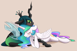 Size: 1280x848 | Tagged: safe, artist:spiritcookie, princess celestia, queen chrysalis, alicorn, changeling, changeling queen, pony, chryslestia, cute, cutealis, cutelestia, female, floppy ears, lesbian, shipping, simple background, sleeping