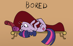 Size: 1196x765 | Tagged: safe, artist:lovepaddles, derpibooru import, twilight sparkle, pony, bored, fainting couch, majestic as fuck, on back, raised hoof, raspberry, silly, silly pony, sofa, solo, text, tongue out, upside down