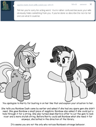 Size: 600x800 | Tagged: safe, artist:dekomaru, applejack, rarity, earth pony, pony, unicorn, applestuck, ask, grayscale, implied appledash, implied lesbian, implied shipping, monochrome, tumblr, tumblr:ask twixie