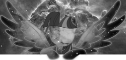 Size: 1920x911 | Tagged: safe, artist:120percentcool, derpibooru import, twilight sparkle, twilight sparkle (alicorn), alicorn, pony, black and white, grayscale, monochrome, solo, space