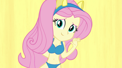 Size: 1005x565 | Tagged: safe, edit, edited screencap, editor:grapefruitface, screencap, fluttershy, equestria girls, equestria girls (movie), belly button, bikini, clothes, midriff, solo, swimsuit, underwear, underwear edit, waving