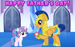 Size: 2064x1296 | Tagged: artist needed, safe, flash sentry, princess flurry heart, alicorn, pegasus, pony, armor, crystal empire, cute, daaaaaaaaaaaw, father's day, father's day 2020, flower, friendship, hallway, heartwarming, honorary uncle, older, older flurry heart, present, royal guard armor, uncle flash