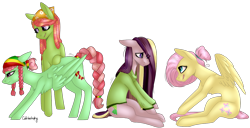 Size: 1272x653 | Tagged: safe, artist:sychia, fluttershy, tree hugger, oc, oc:shy meadows, oc:summer song (ice1517), pegasus, pony, alternate hairstyle, bandana, clothes, female, flutterhugger, focused, hair bun, hair over one eye, icey-verse, lesbian, magical lesbian spawn, mare, nervous, next generation, offspring, parent:fluttershy, parent:tree hugger, parents:flutterhugger, shipping, shy, signature, simple background, stretching, sweater, transparent background, underhoof