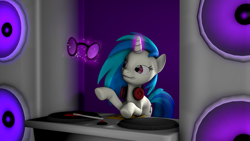 Size: 1920x1080 | Tagged: safe, artist:majorrainbow, dj pon-3, vinyl scratch, pony, unicorn, 3d, glasses, glow, magic, record, source filmmaker, speakers, turntable